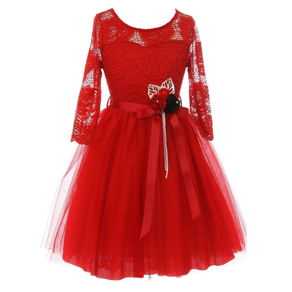 Red SZ 2 Long Sleeve Girls Dress Floral Lace Roses Corsage Christmas Flower Girl